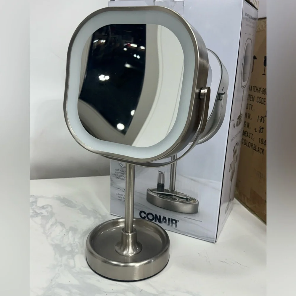 LED Vanity Mirror with Stand 3 Light Settings, 360° Rotation Brushed Nickel
